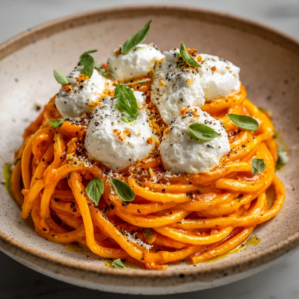 Creamy Red Pepper Pasta with Burrata & Herbs Recipe - Recipe Image