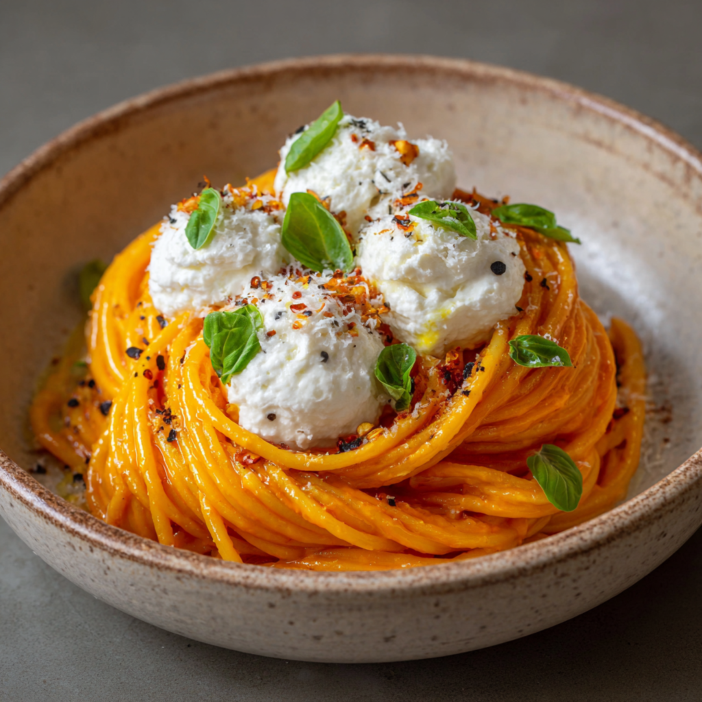 Creamy Red Pepper Pasta with Burrata & Herbs Recipe - Recipe Image