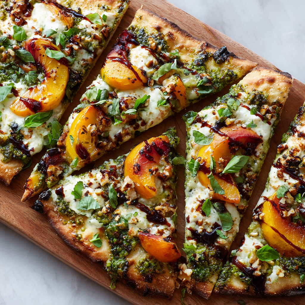 Toasted Walnut Pesto and Caramelized Nectarine Pizza with Spicy Balsamic Drizzle Recipe - Recipe Image