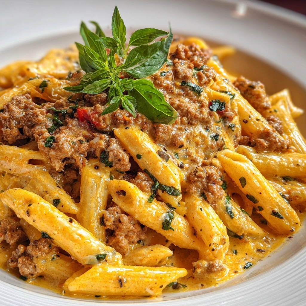 Cheesy Penne with Garlic Butter Ground Beef Recipe - Recipe Image