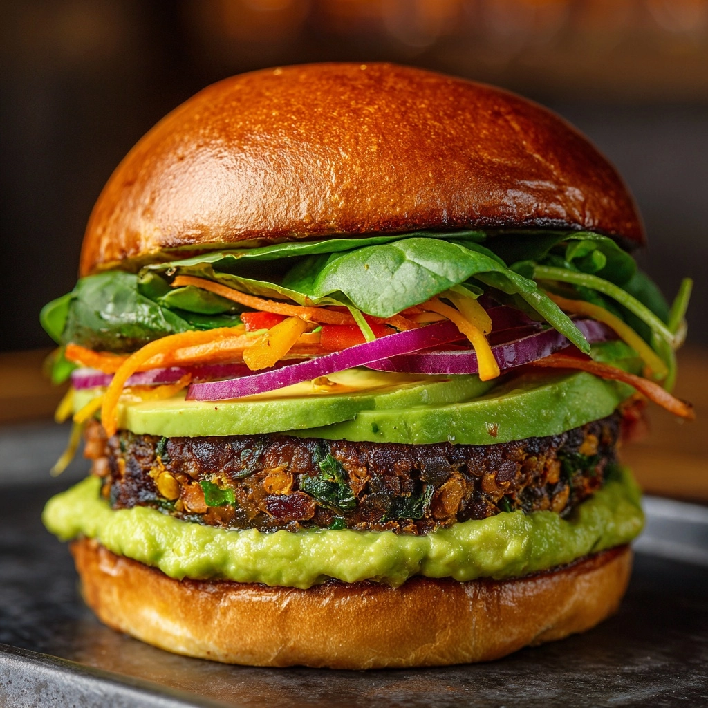 Lentil-Chickpea Veggie Burgers with Avocado Green Harissa Recipe - Recipe Image