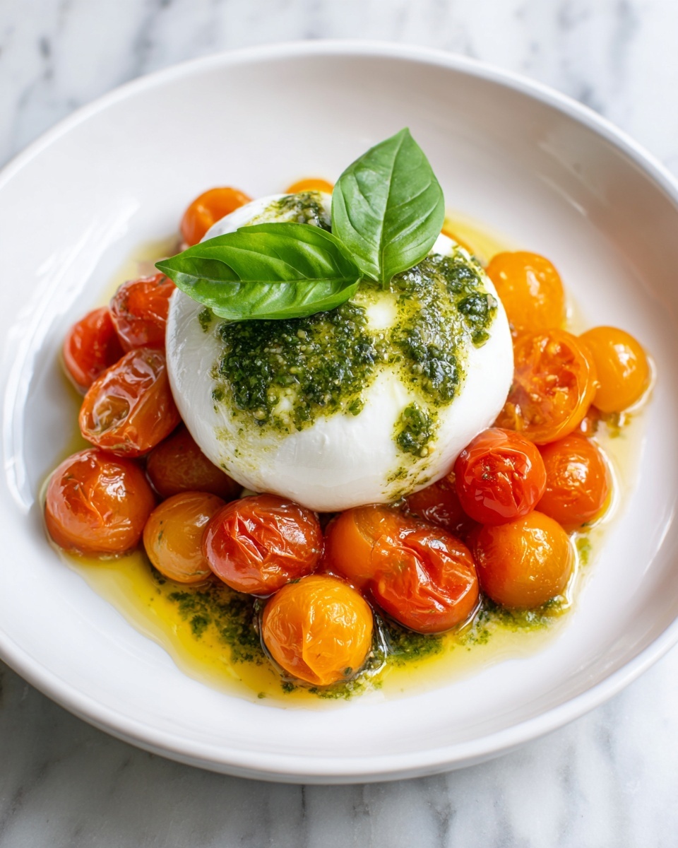 Pesto Burrata Appetizer Topped with Juicy Roasted Tomatoes Recipe - Recipe Image