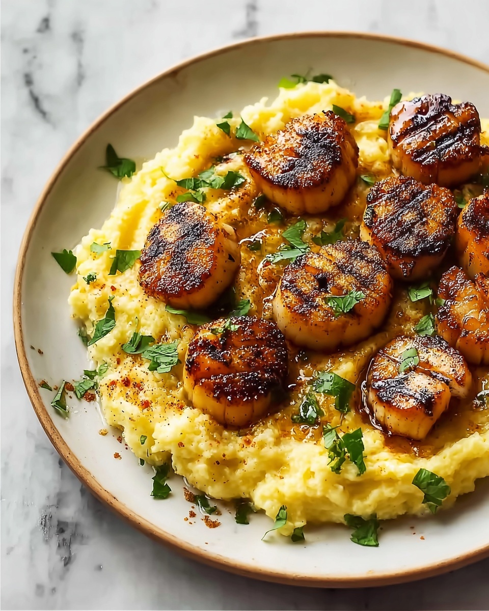 Honey Butter Blackened Scallops with Herby Polenta Recipe - Recipe Image