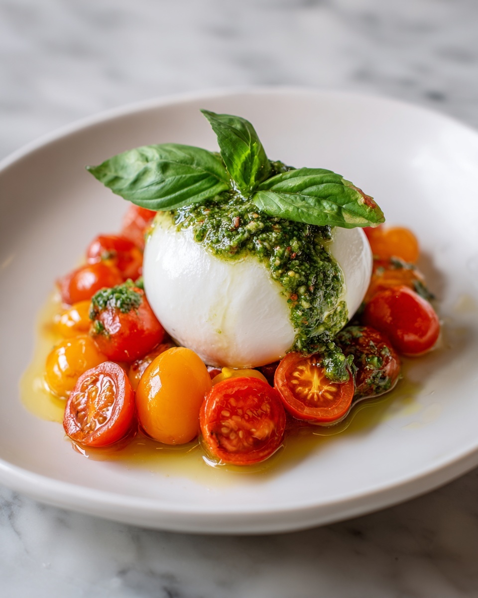 Pesto Burrata Appetizer Topped with Juicy Roasted Tomatoes Recipe - Recipe Image