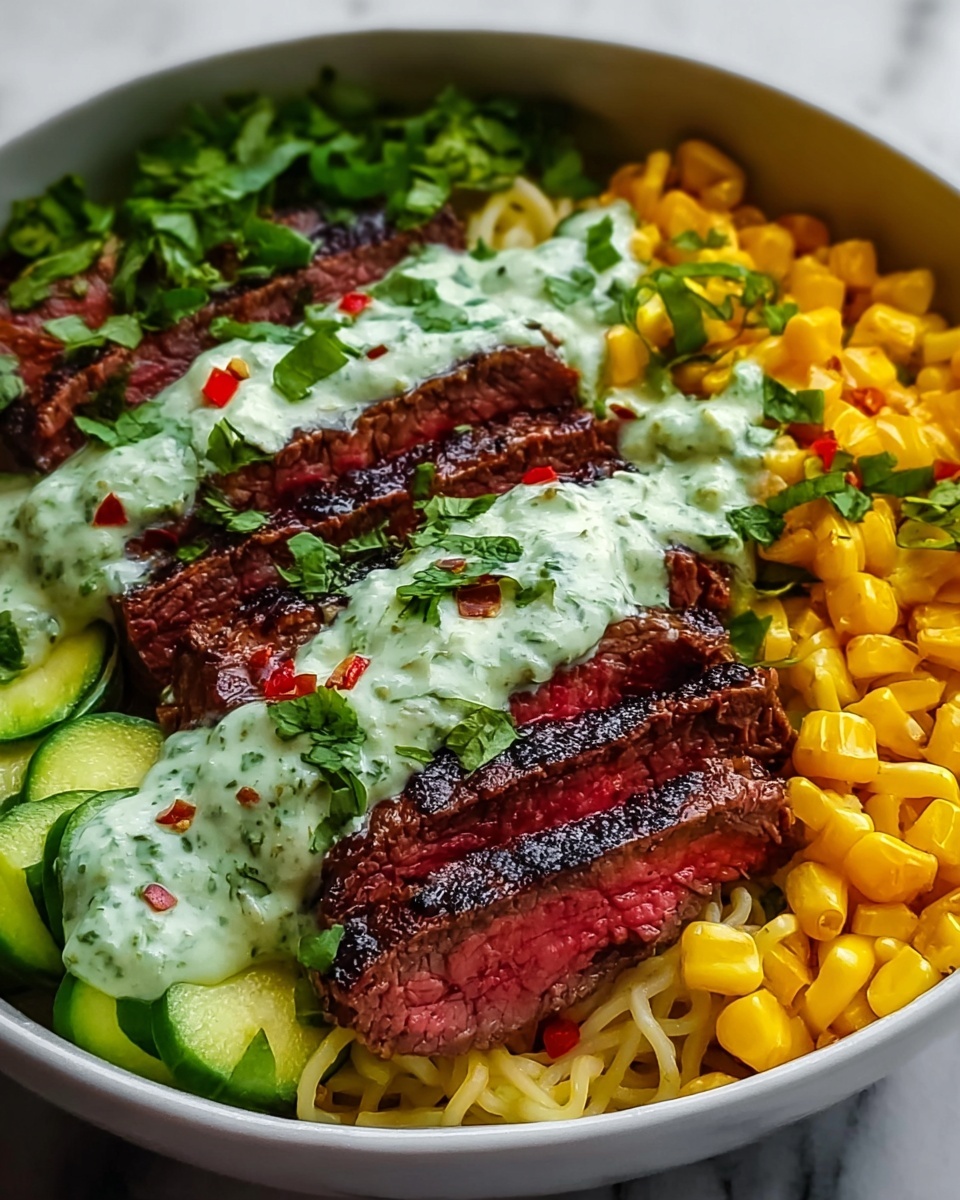 Steak, Avocado & Roasted Corn Bowl with Cilantro Cream Sauce Recipe - Recipe Image