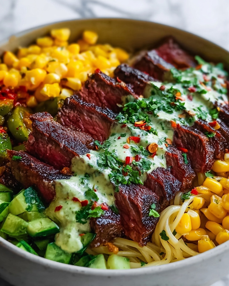Steak, Avocado & Roasted Corn Bowl with Cilantro Cream Sauce Recipe - Recipe Image