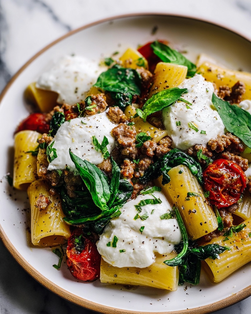 One Pot Lemony Pasta with Sausage, Broccoli Rabe, and Burrata Recipe - Recipe Image