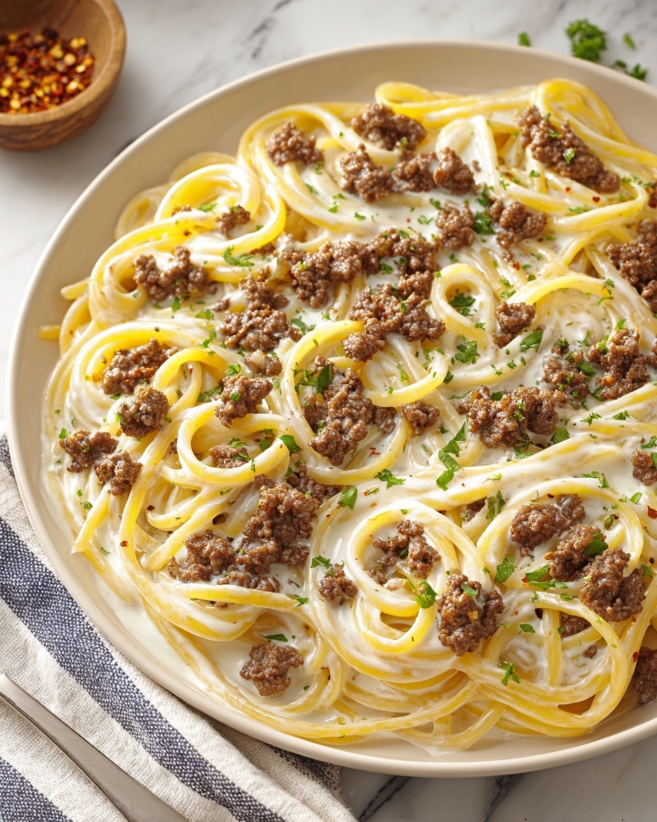 Creamy Ground Beef Alfredo Pasta Recipe - Recipe Image
