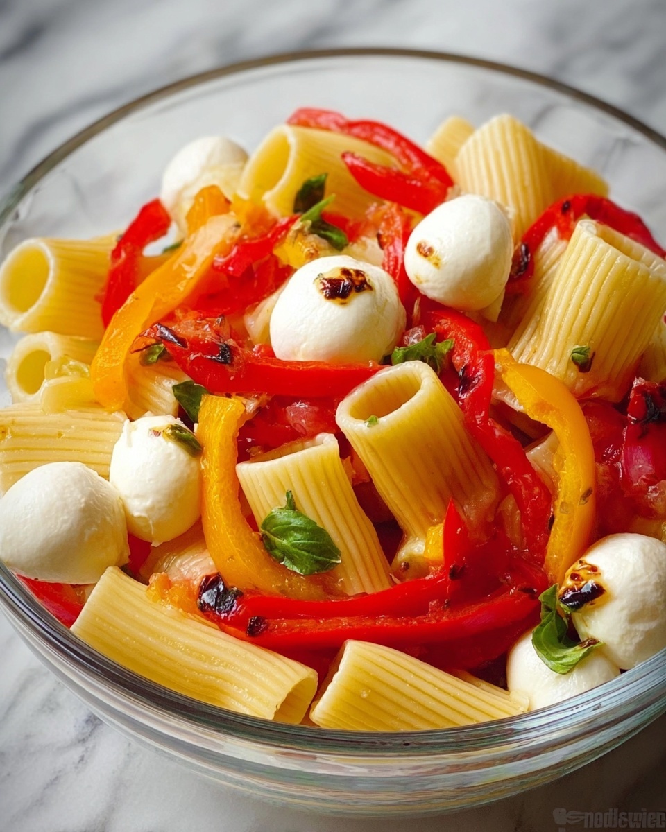 Roasted Pepper Pasta Salad with Mozzarella, Basil, and Toasted Almonds Recipe - Recipe Image