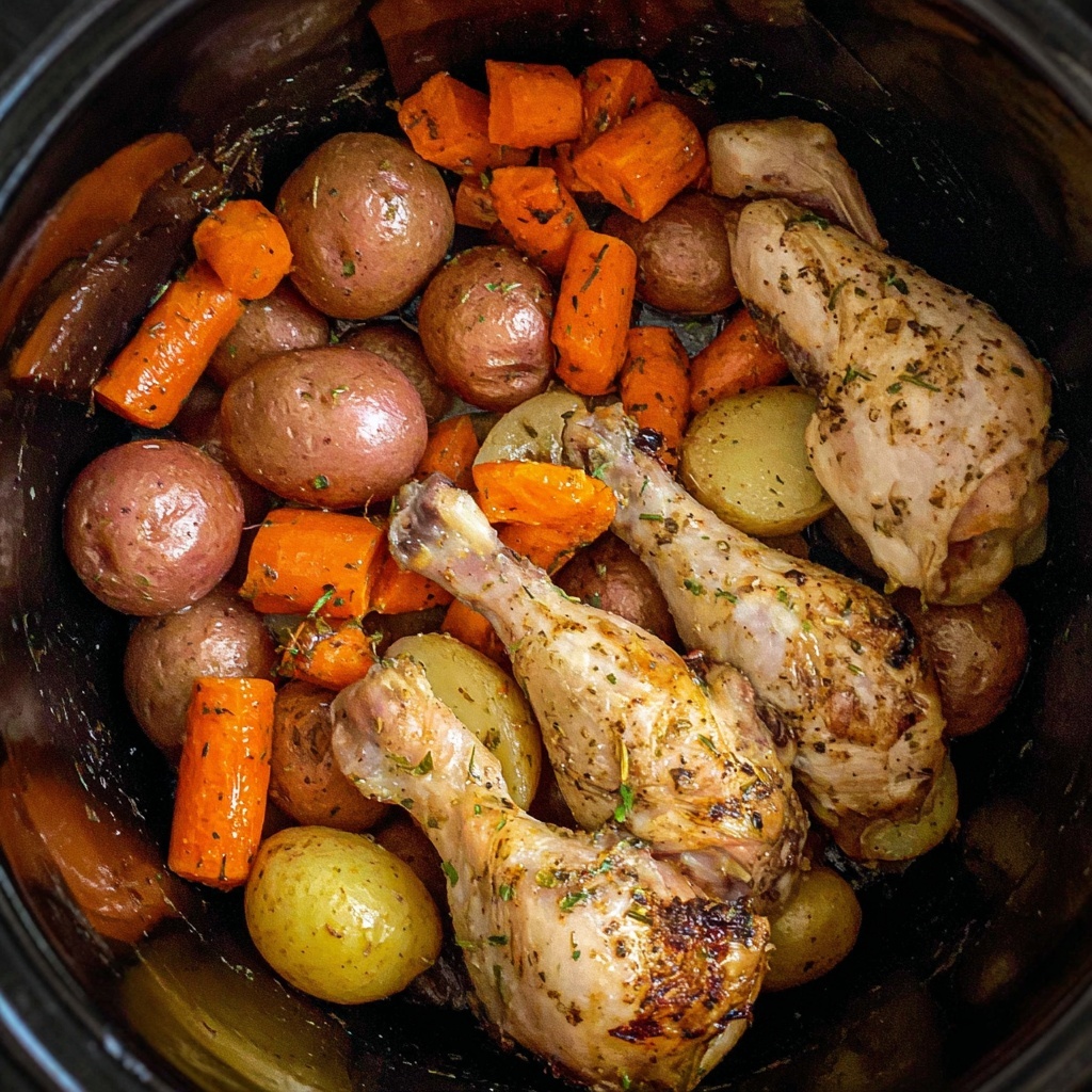Slow Cooker Chicken Legs with Roasted Carrots and Baby Potatoes Recipe - Recipe Image