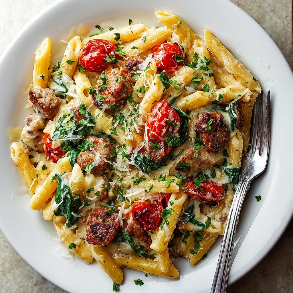 Creamy Sausage Pasta with Cherry Tomatoes and Spinach Recipe - Recipe Image