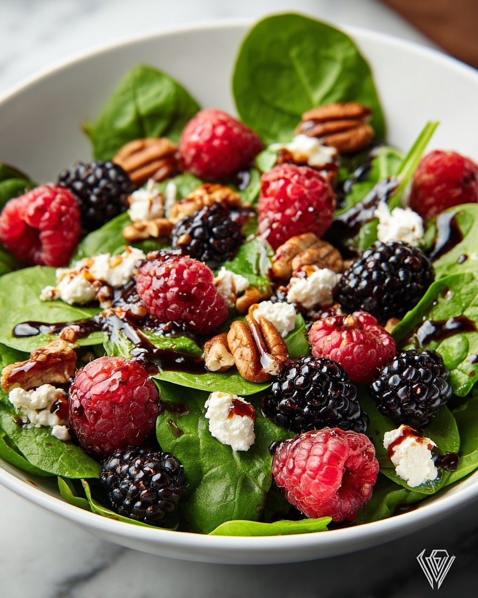 Berry Spinach Salad with Crispy Prosciutto, Pecans, and Balsamic Glaze Recipe - Recipe Image