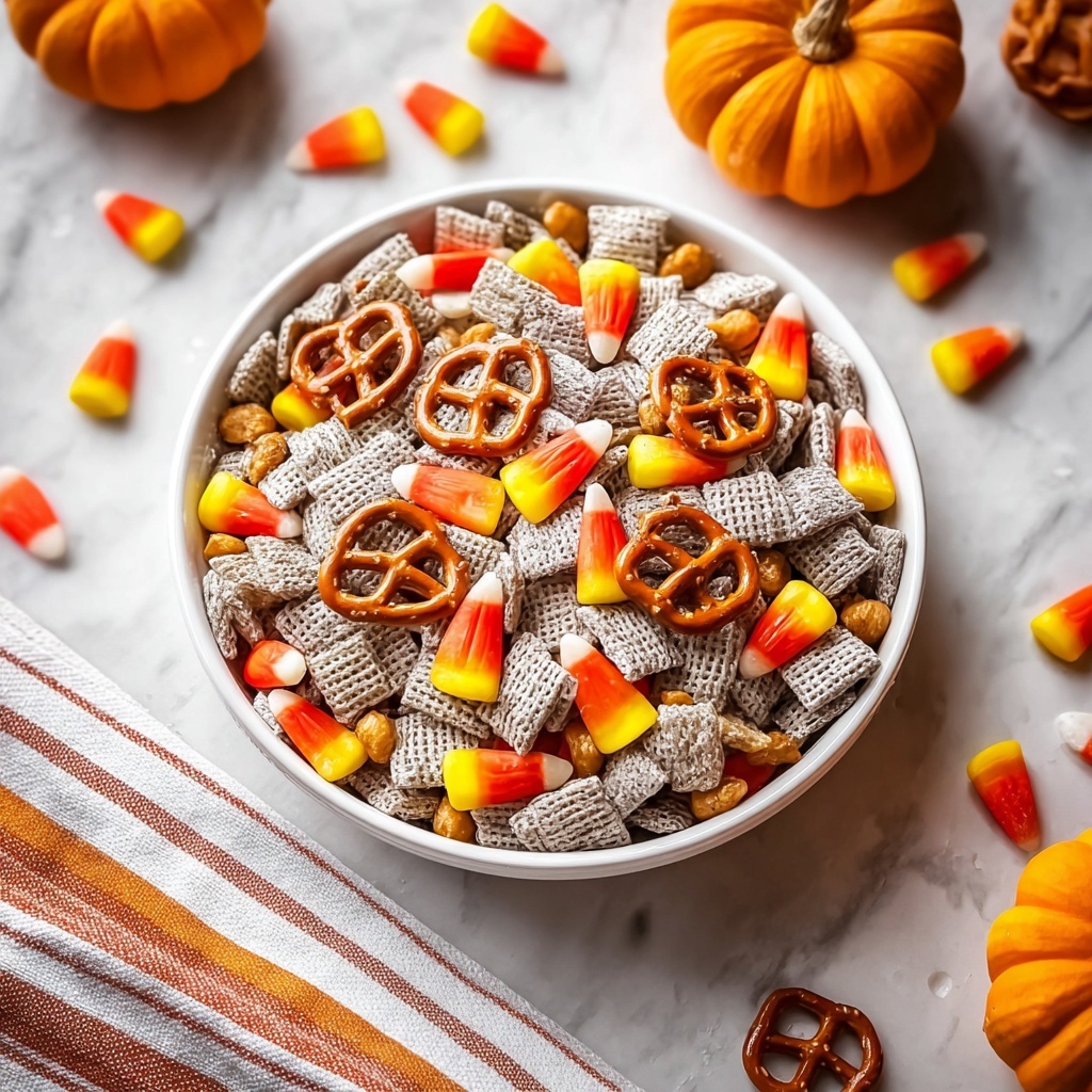 Harvest Puppy Chow with Candy Corn, Reese's Pieces, and Pretzels Recipe - Recipe Image