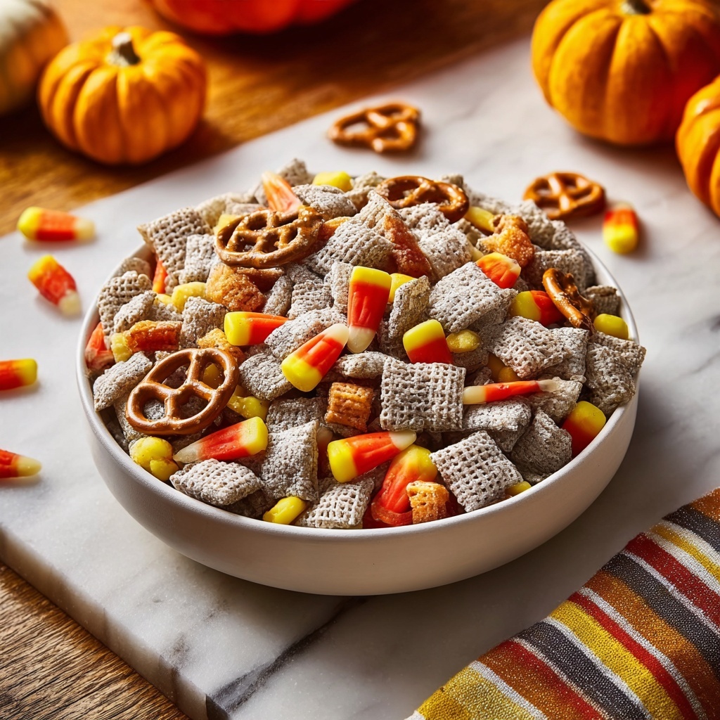Harvest Puppy Chow with Candy Corn, Reese's Pieces, and Pretzels Recipe - Recipe Image