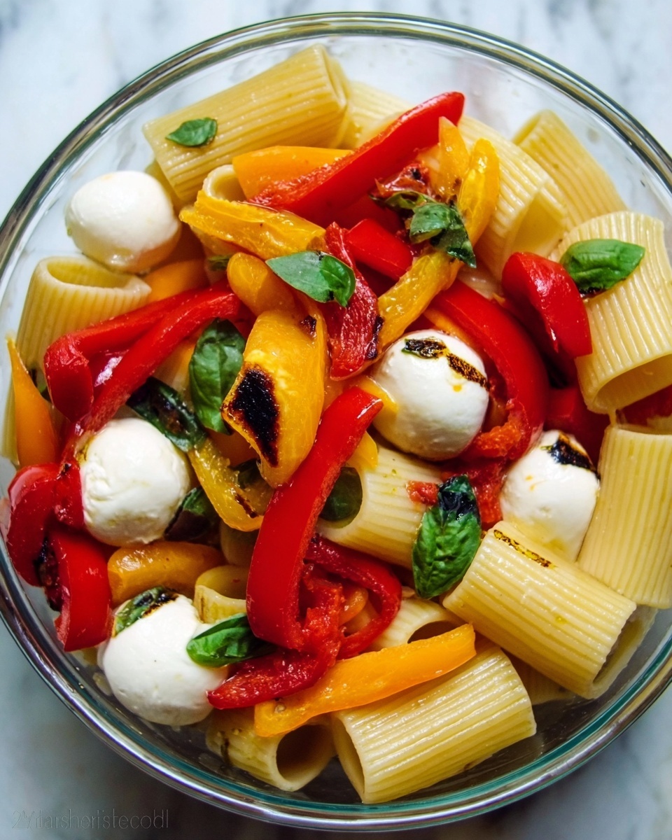 Roasted Pepper Pasta Salad with Mozzarella, Basil, and Toasted Almonds Recipe - Recipe Image