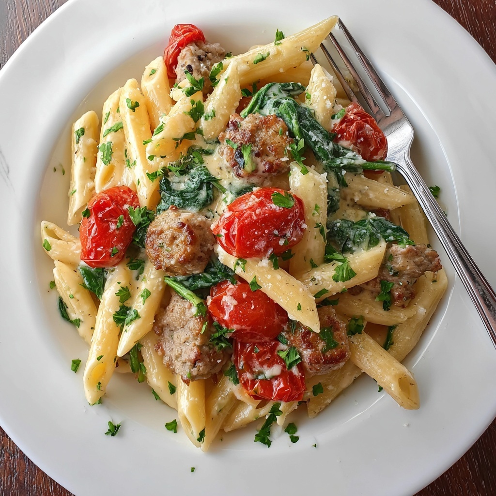 Creamy Sausage Pasta with Cherry Tomatoes and Spinach Recipe - Recipe Image