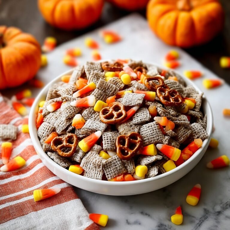 Harvest Puppy Chow with Candy Corn, Reese’s Pieces, and Pretzels Recipe