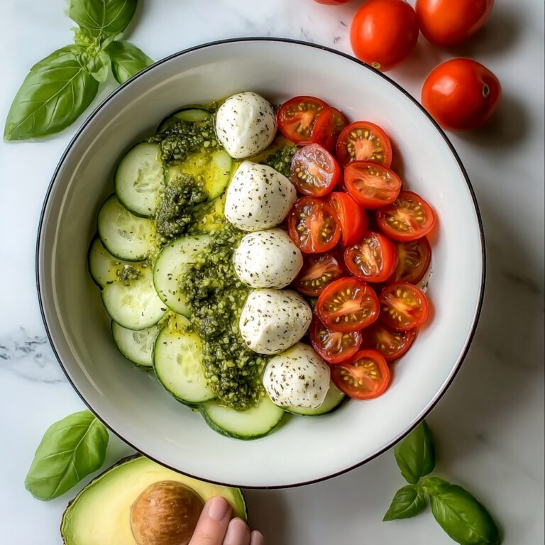 Tomato Cucumber Avocado Salad with Mozzarella and Basil Pesto Recipe