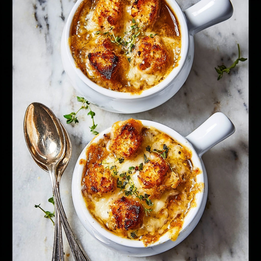 Classic French Onion Soup with Gruyere and Baguette Croutons Recipe - Recipe Image