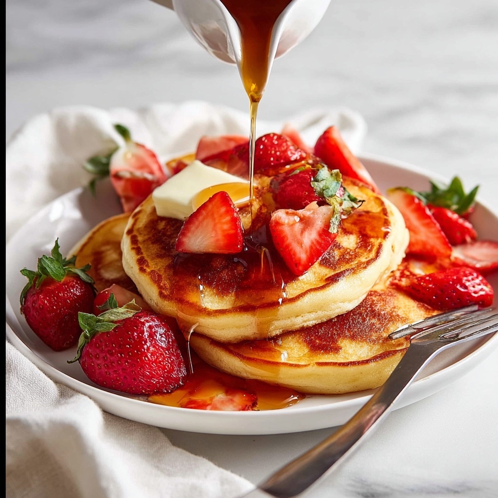 Fluffy Ricotta Pancakes with Strawberries and Maple Syrup Recipe - Recipe Image