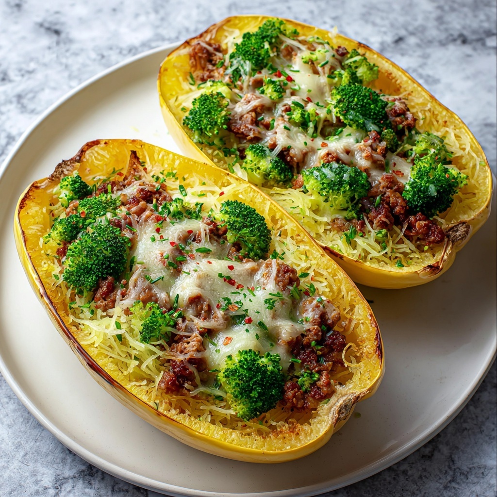 Stuffed Spaghetti Squash with Spicy Italian Sausage, Broccoli, and Cheddar Recipe - Recipe Image