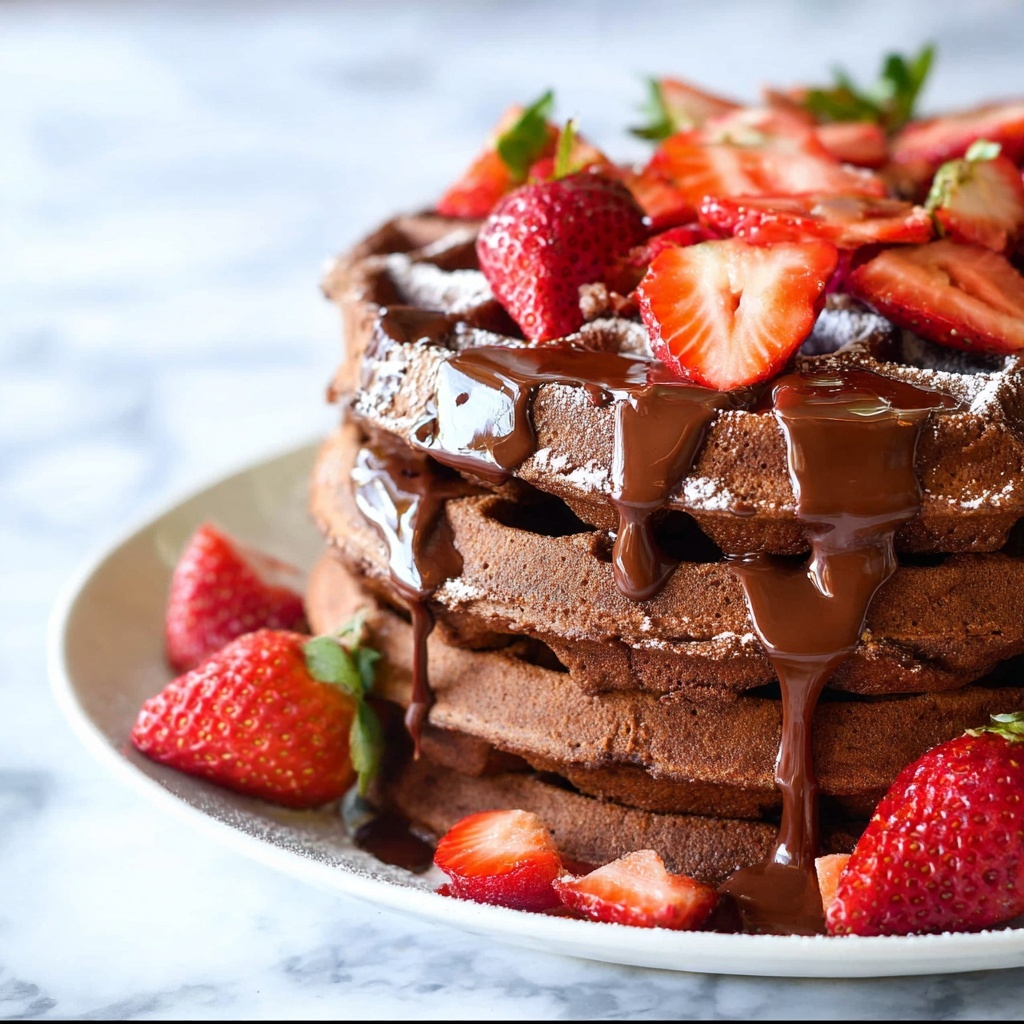 Dark Chocolate Waffles with Ganache and Strawberries Recipe - Recipe Image