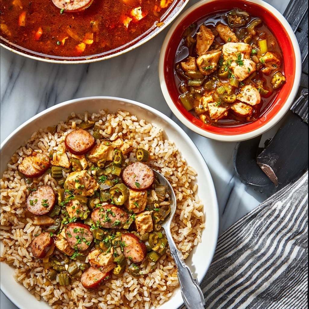 Chicken and Sausage Gumbo with Okra Pilaf Recipe - Recipe Image