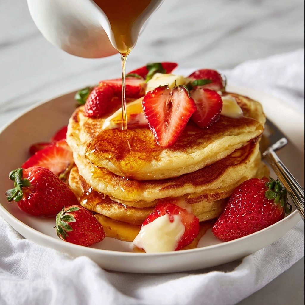 Fluffy Ricotta Pancakes with Strawberries and Maple Syrup Recipe - Recipe Image