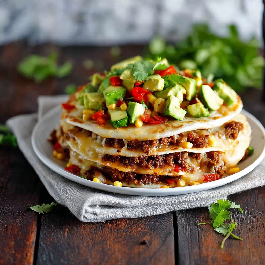 Taco Stack with Pulled Pork or Chicken and Fresh Toppings Recipe - Recipe Image