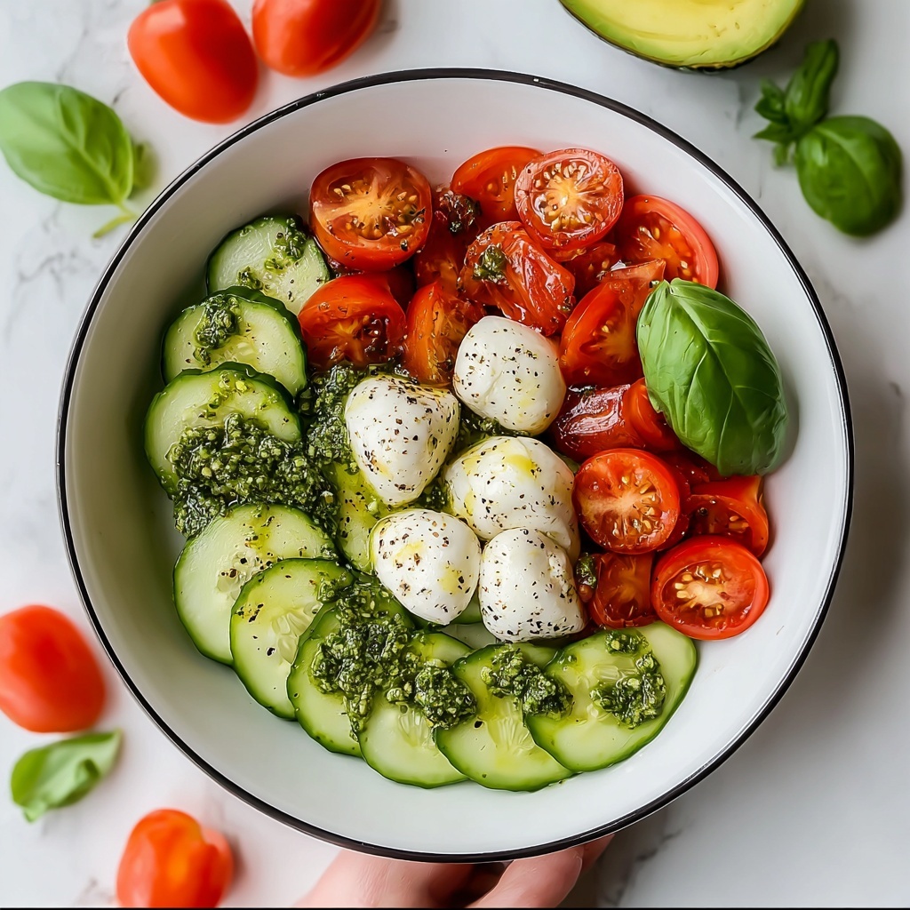 Tomato Cucumber Avocado Salad with Mozzarella and Basil Pesto Recipe - Recipe Image