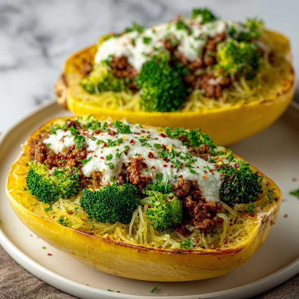 Stuffed Spaghetti Squash with Spicy Italian Sausage, Broccoli, and Cheddar Recipe - Recipe Image