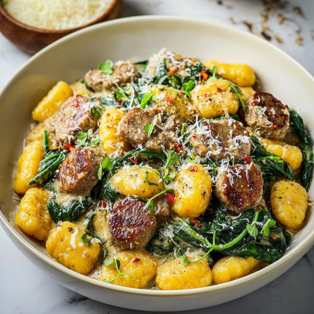 Creamy Pumpkin Gnocchi with Spinach and Italian Sausage Recipe - Recipe Image
