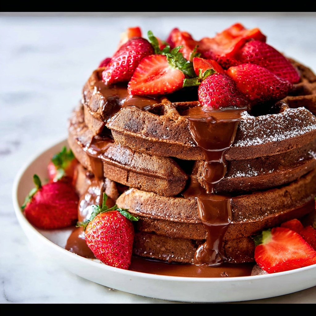 Dark Chocolate Waffles with Ganache and Strawberries Recipe - Recipe Image