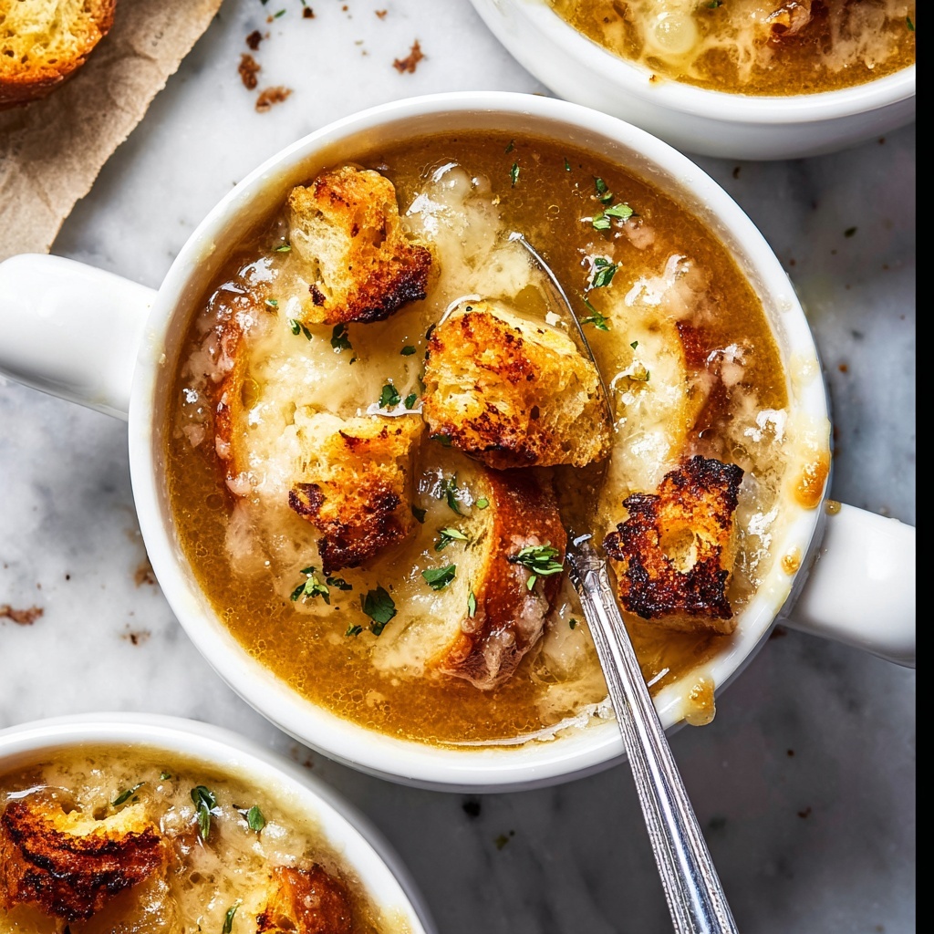 Classic French Onion Soup with Gruyere and Baguette Croutons Recipe - Recipe Image