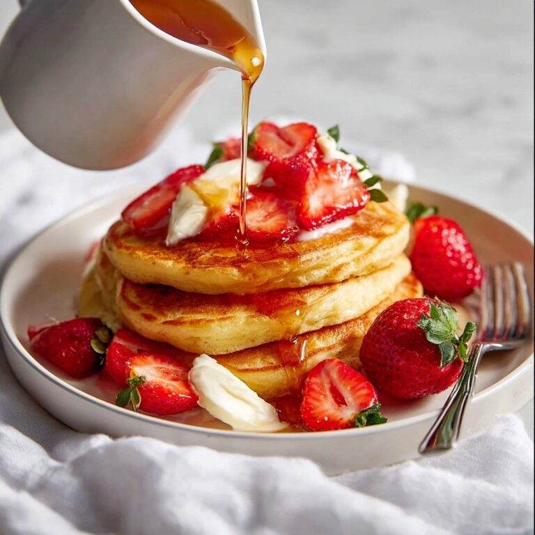 Fluffy Ricotta Pancakes with Strawberries and Maple Syrup Recipe