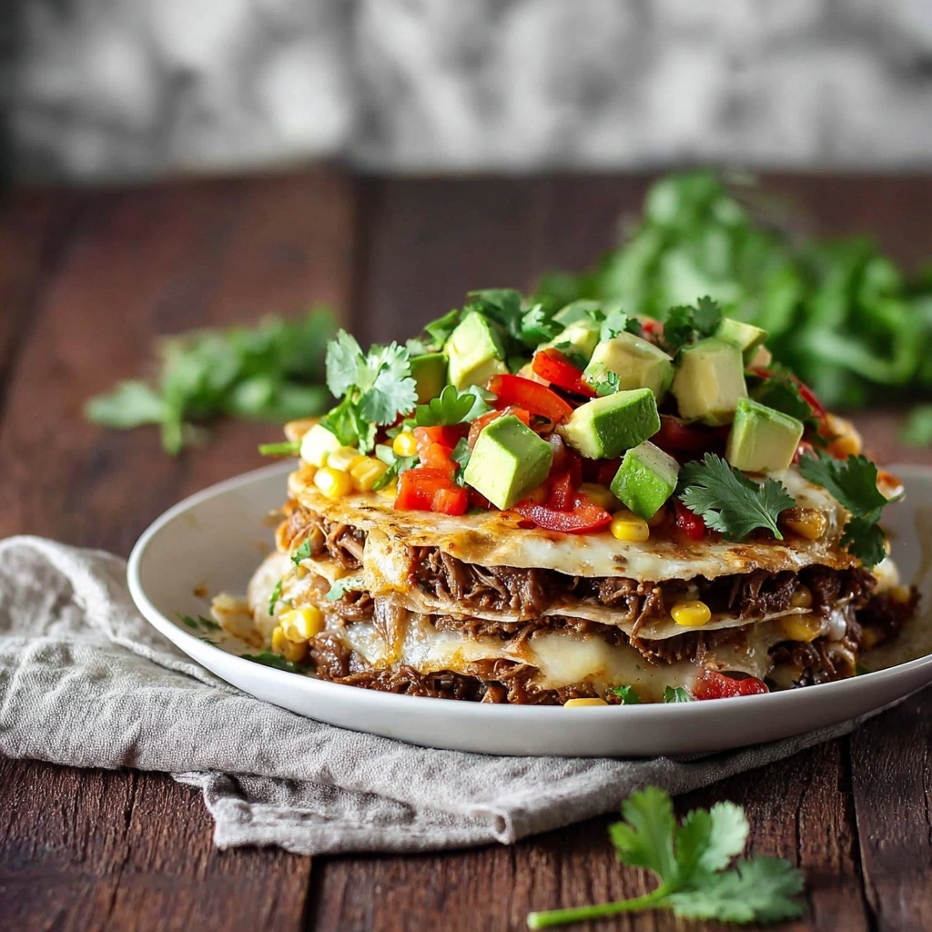 Taco Stack with Pulled Pork or Chicken and Fresh Toppings Recipe - Recipe Image
