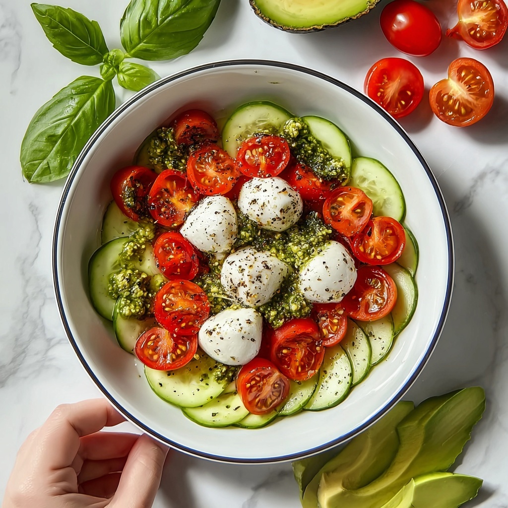 Tomato Cucumber Avocado Salad with Mozzarella and Basil Pesto Recipe - Recipe Image