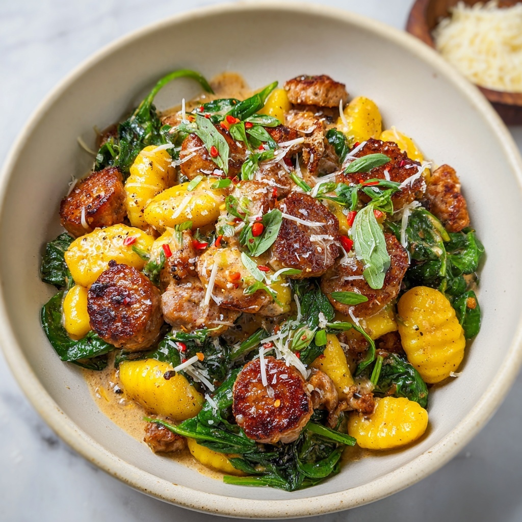 Creamy Pumpkin Gnocchi with Spinach and Italian Sausage Recipe - Recipe Image