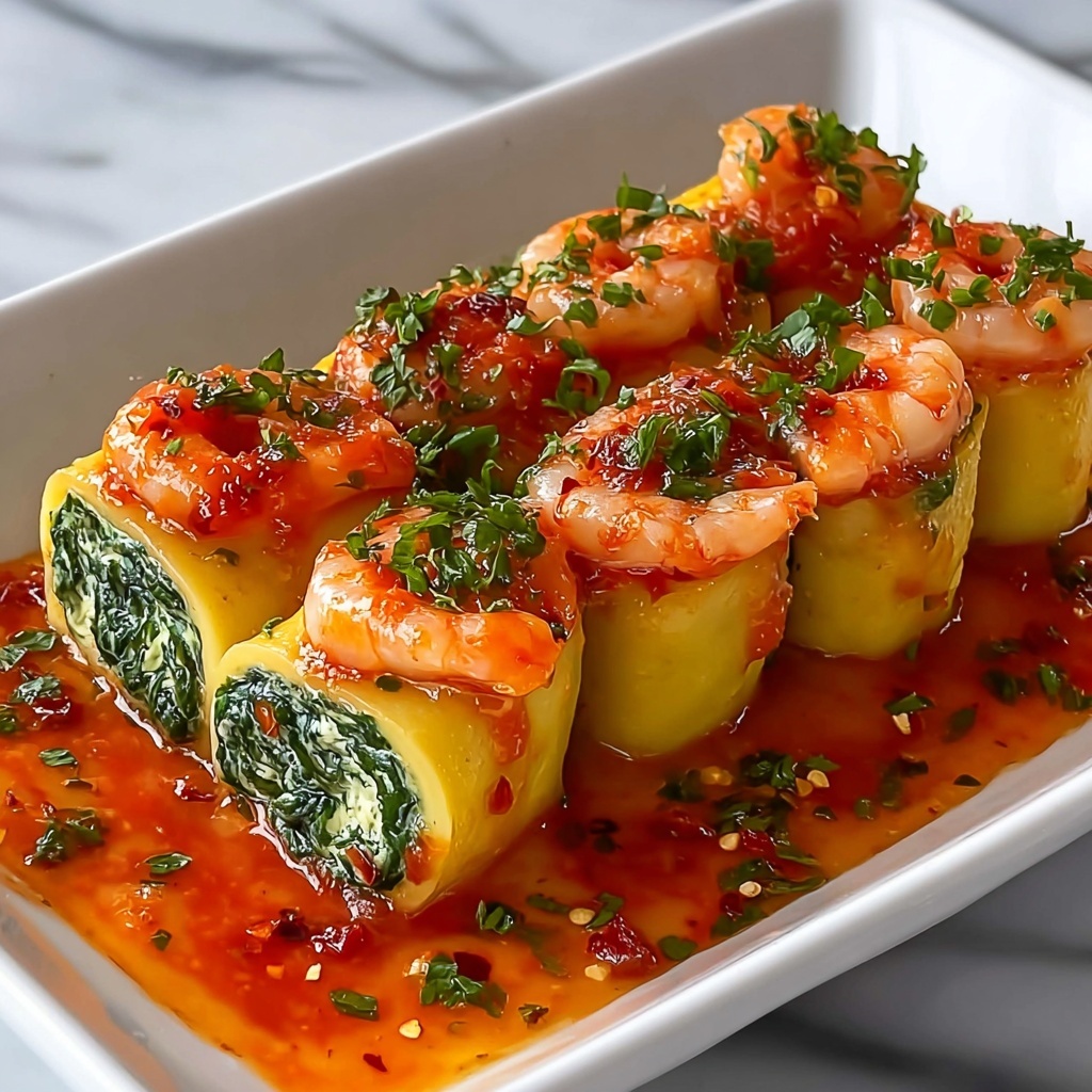 Indulgent Shrimp and Spinach Stuffed Pasta Rolls with Creamy Sauce Recipe - Recipe Image