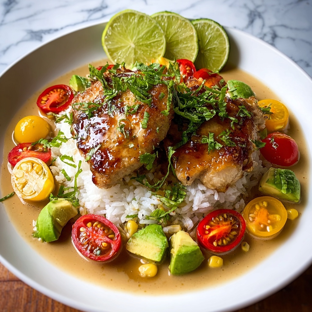 Glazed Honey Lime Chicken with Avocado and Rice Stack Dinner Bowl Recipe - Recipe Image