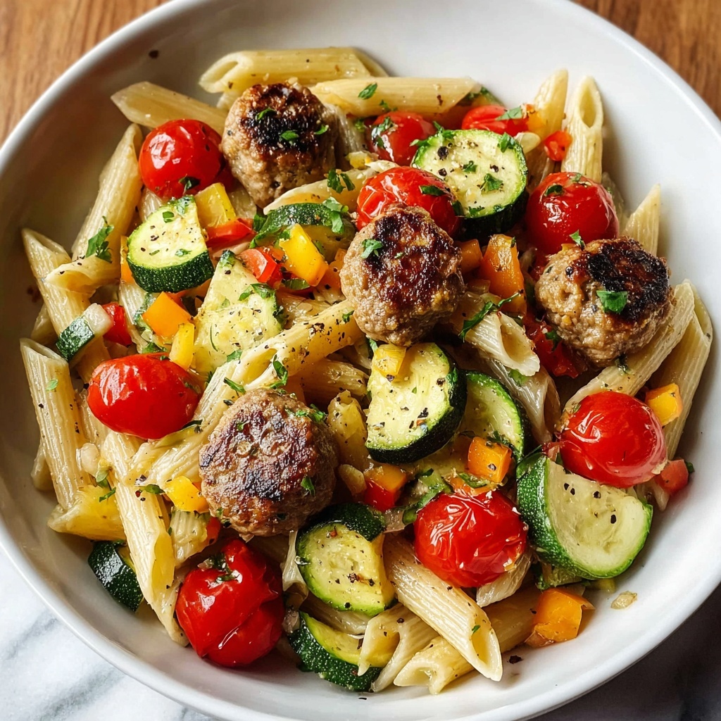 Chicken Sausages with Zucchini, Tomatoes, and Pasta Recipe - Recipe Image