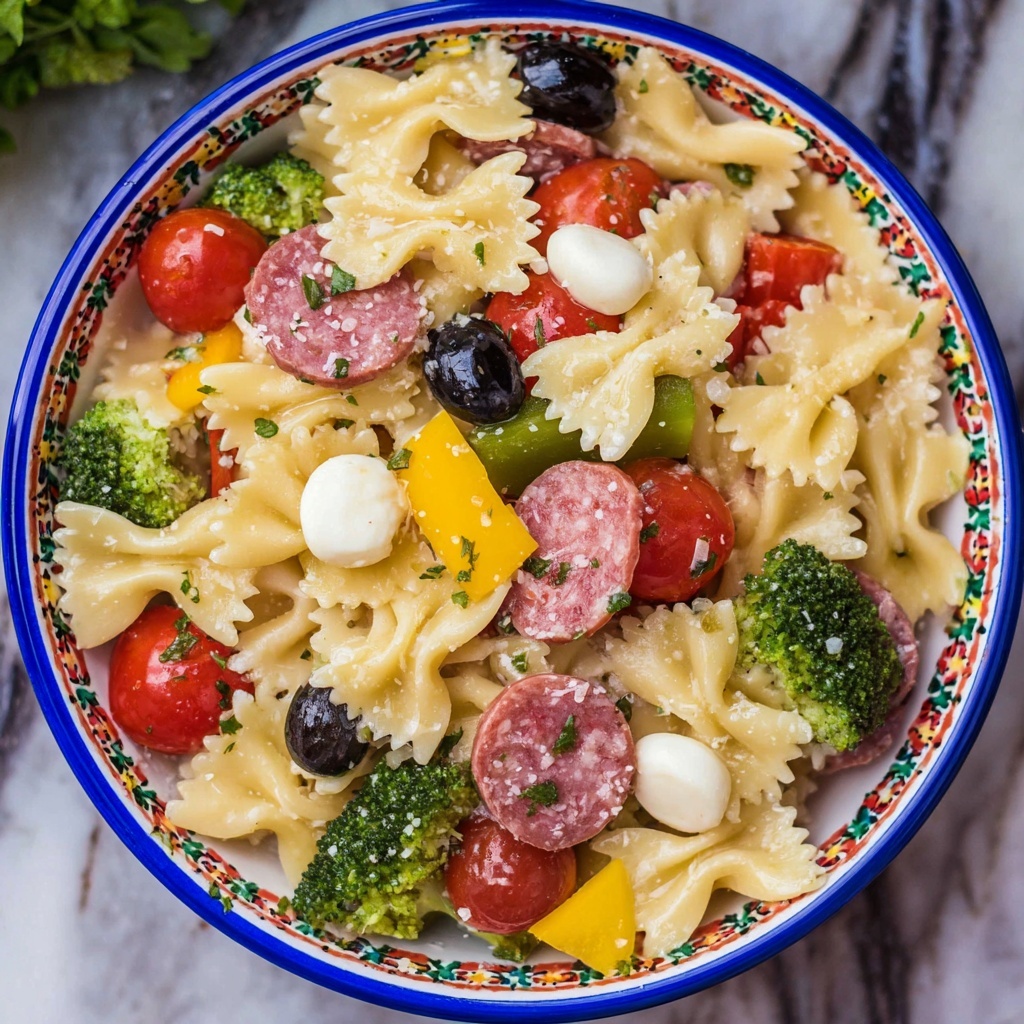 Bow Tie Pasta Salad with Italian Dressing, Cherry Tomatoes, and Fresh Mozzarella Recipe - Recipe Image