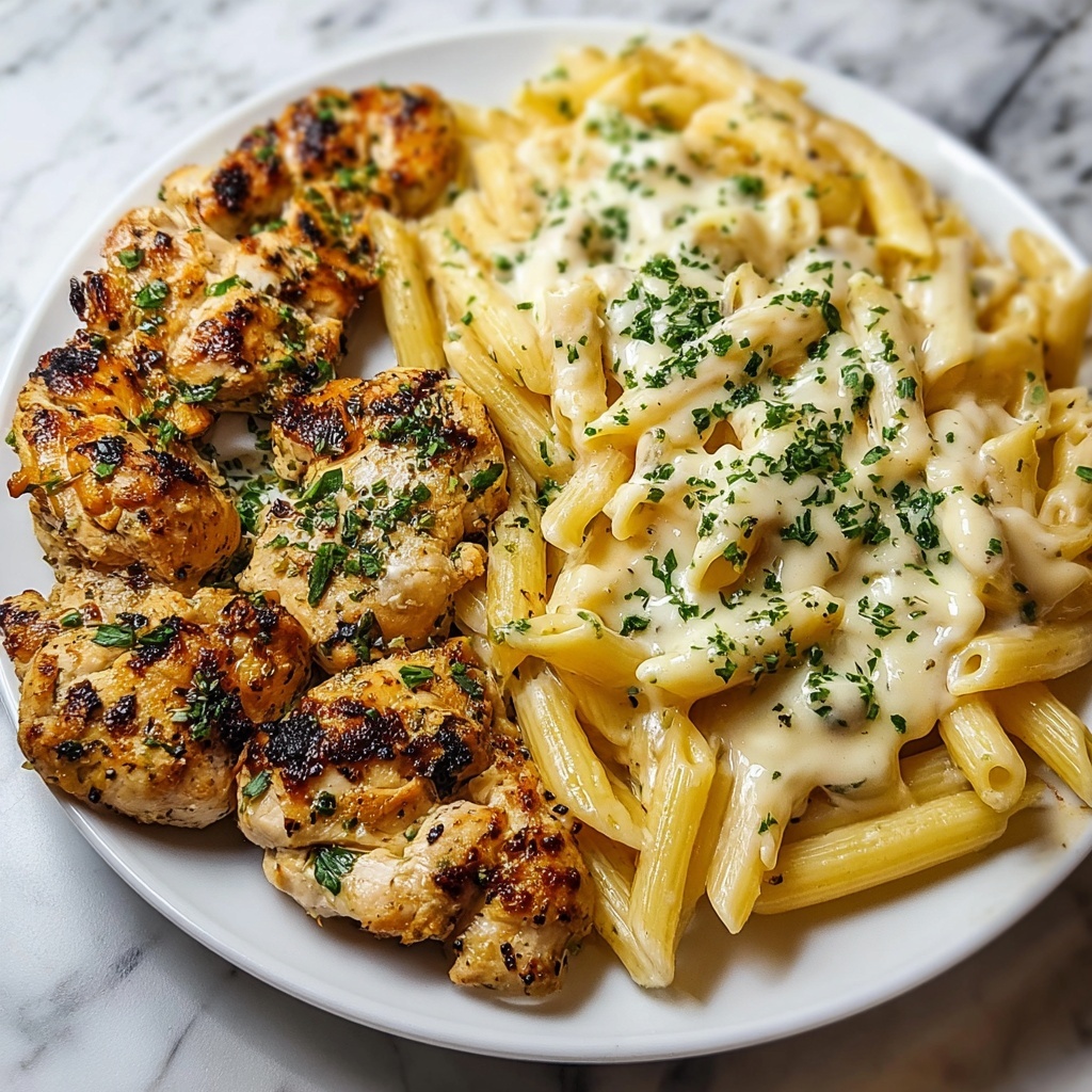 Creamy Garlic Butter Chicken with Cheesy Penne and Parmesan Sauce Recipe - Recipe Image