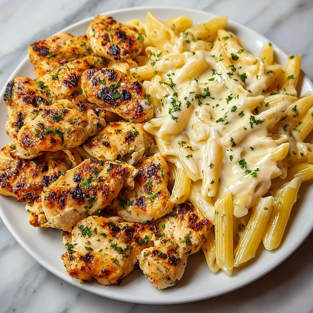 Creamy Garlic Butter Chicken with Cheesy Penne and Parmesan Sauce Recipe - Recipe Image